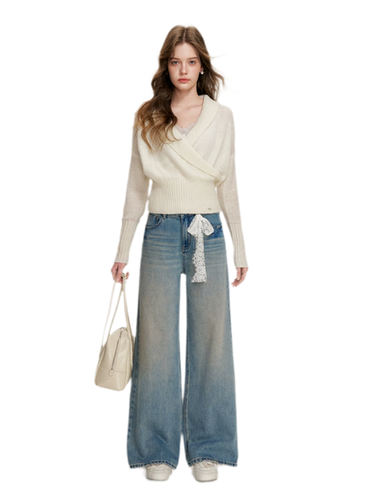 Lace-Trimmed Wide-Leg Denim Pants
