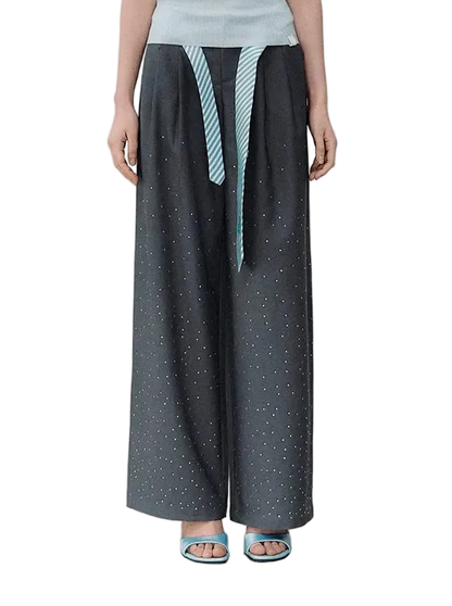 Rhinestone Pleated Waistband Wide-Leg Pants
