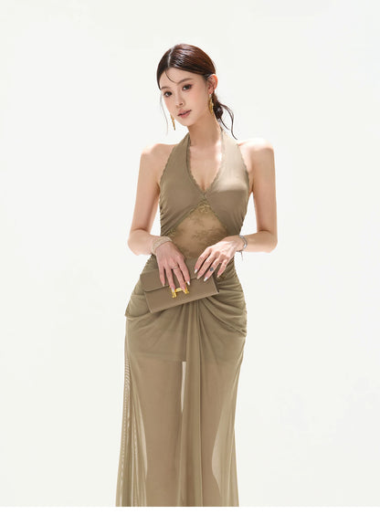 Deep V Halter Neck Lace Mesh Backless Long