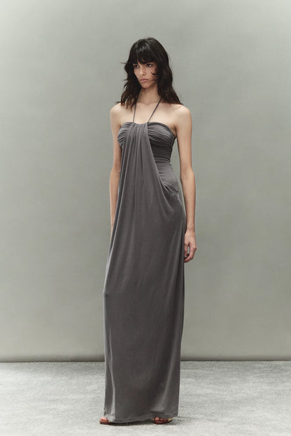 Laisel Handwoven Twist Metallic Chain Pleated Halter Dress