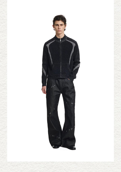 Contrast Jacquard Fitted Knit Cardigan