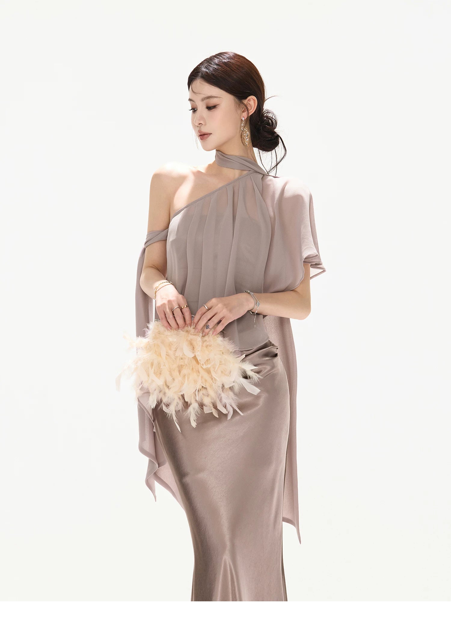 Elegant Asymmetric Chiffon Shawl Top with Built-in Bustier