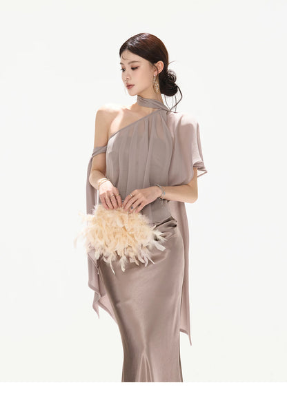 Elegant Asymmetric Chiffon Shawl Top with Built-in Bustier