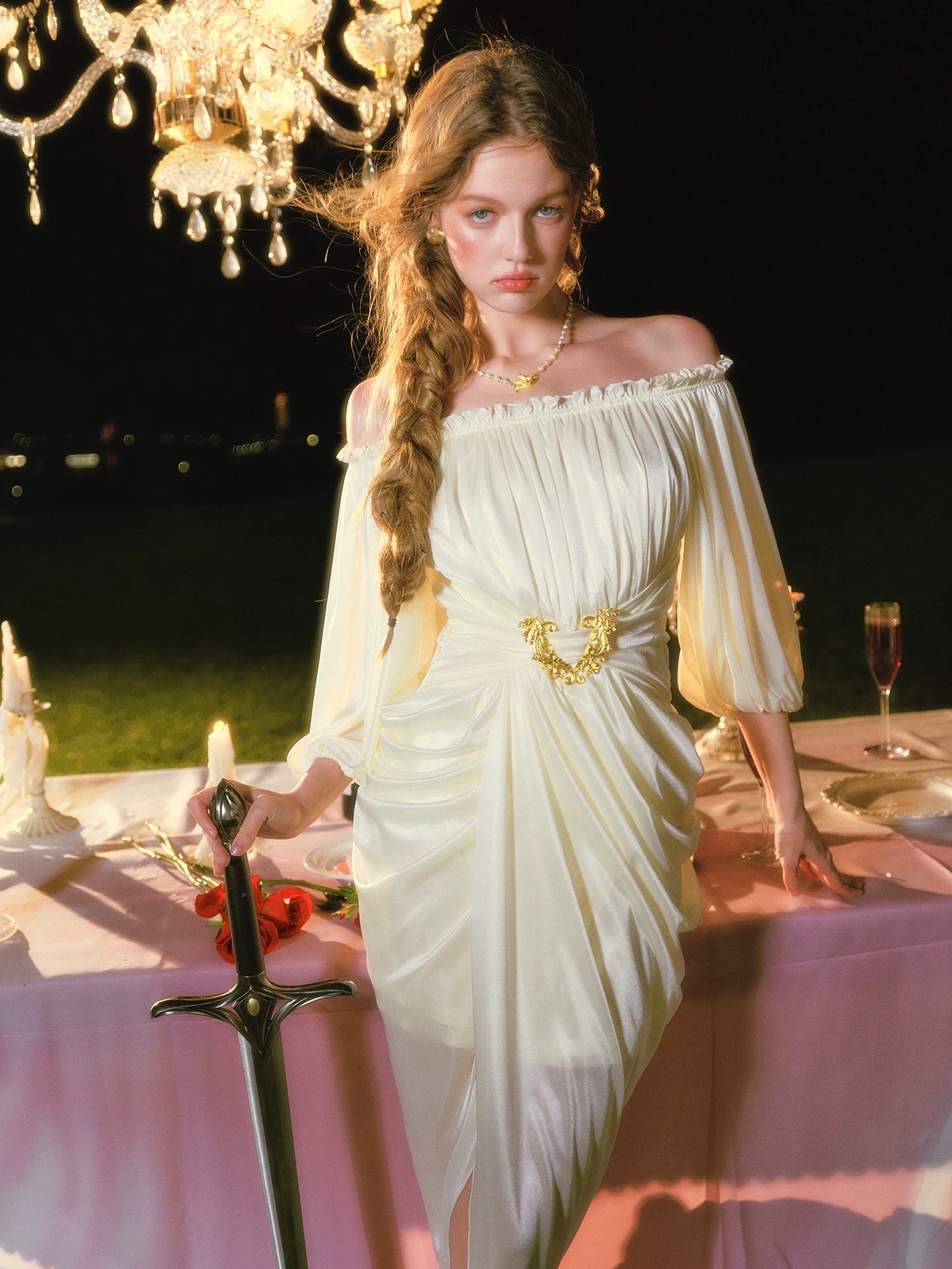 Satin Off-Shoulder Maxi Dress