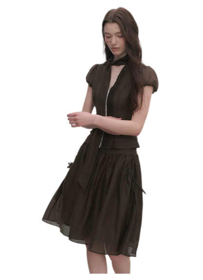 Tie-Neck Flared Skirt Set