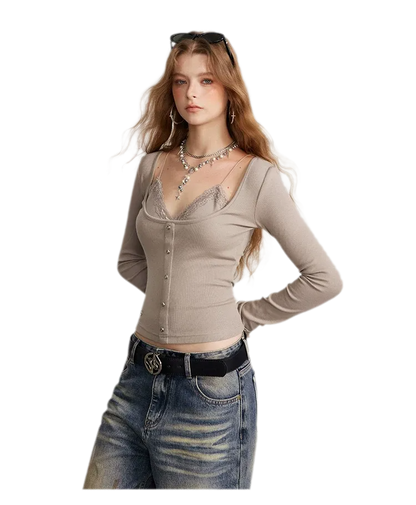 Ribbed Lace Splice T-Shirt