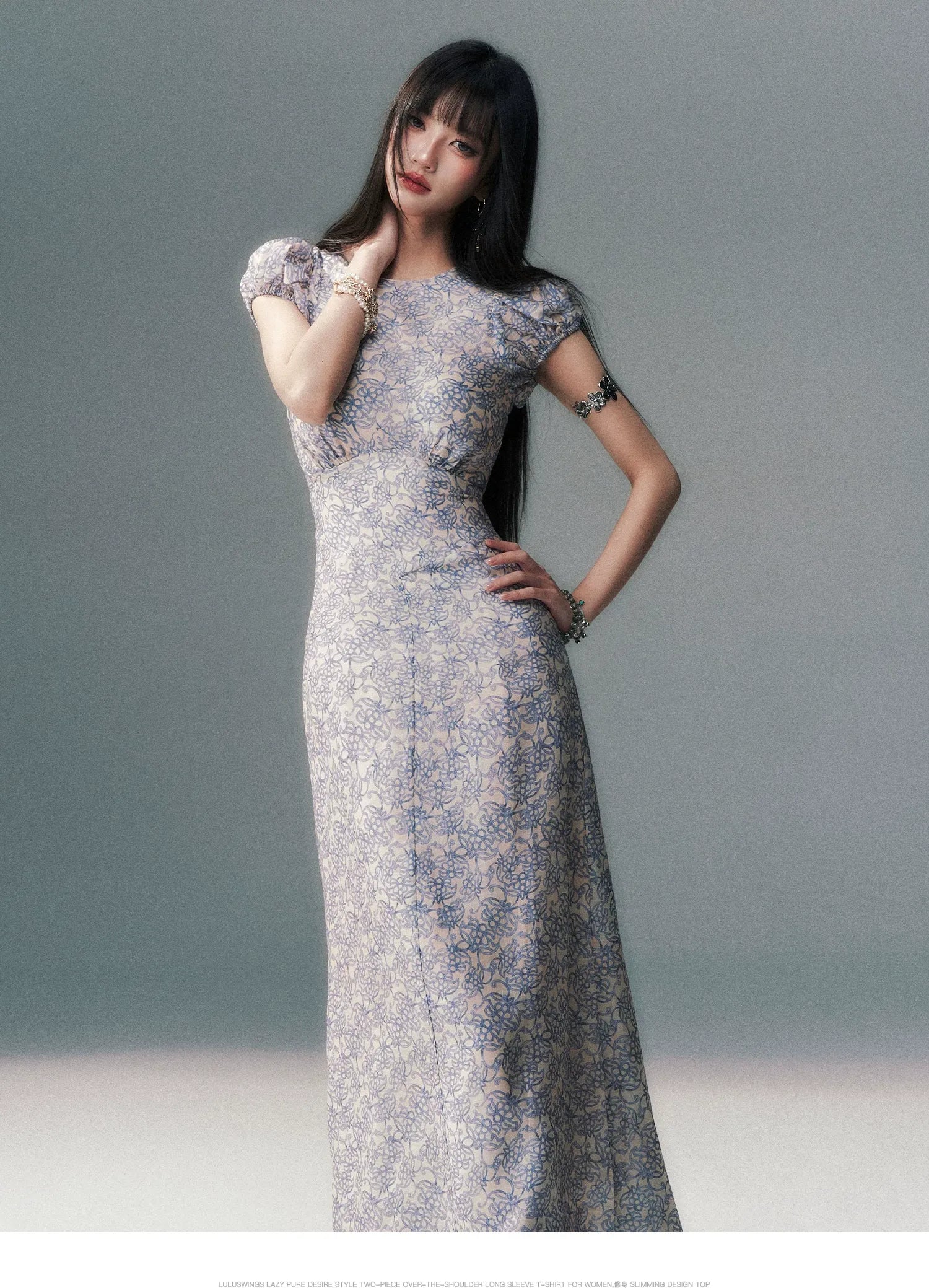 Fog Blue Floral Maxi Dress