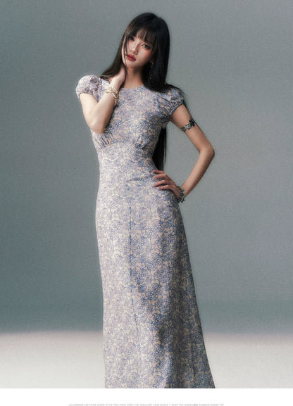 Fog Blue Floral Maxi Dress