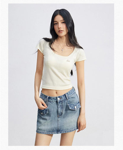 Candy Color U-Neck Short Sleeve T-Shirt