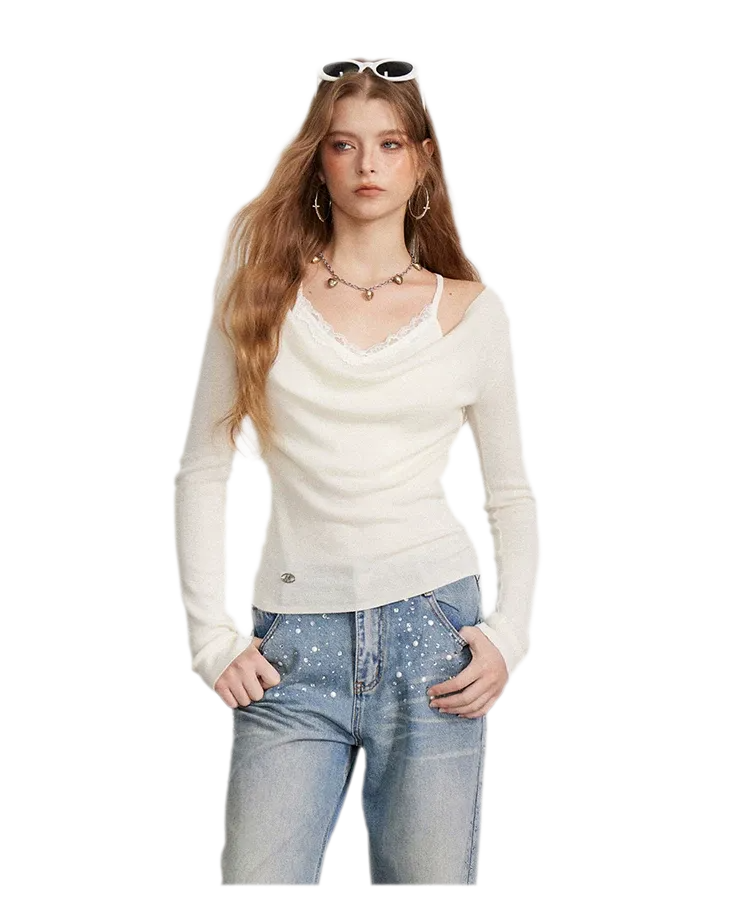 Draped Lace Trim Knit Top