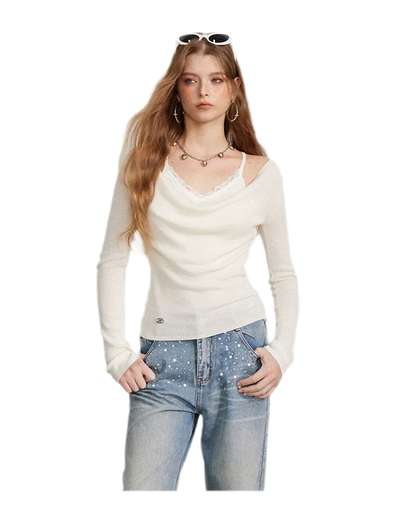 Draped Lace Trim Knit Top