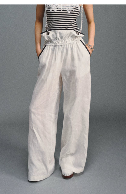 Tencel Linen Contrast Satin Trim Wide-Leg Pants