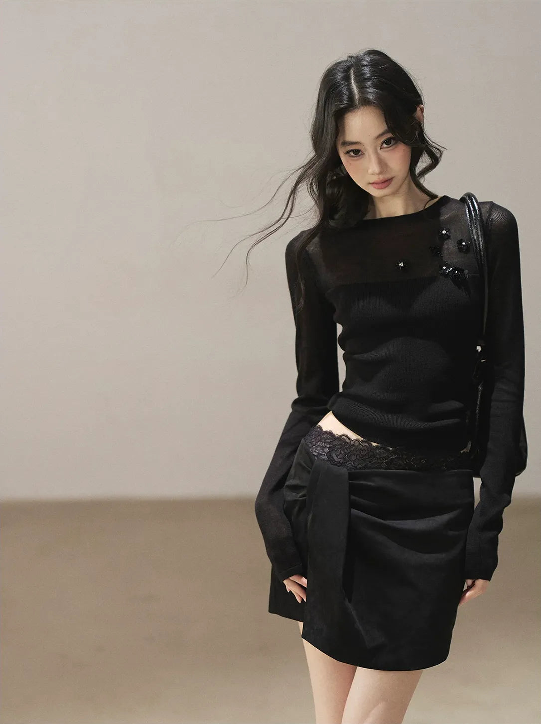 Sheer Cropped Long-Sleeve Top