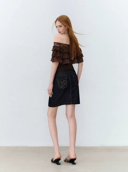 Retro Denim Blue Studded Straight Skirt