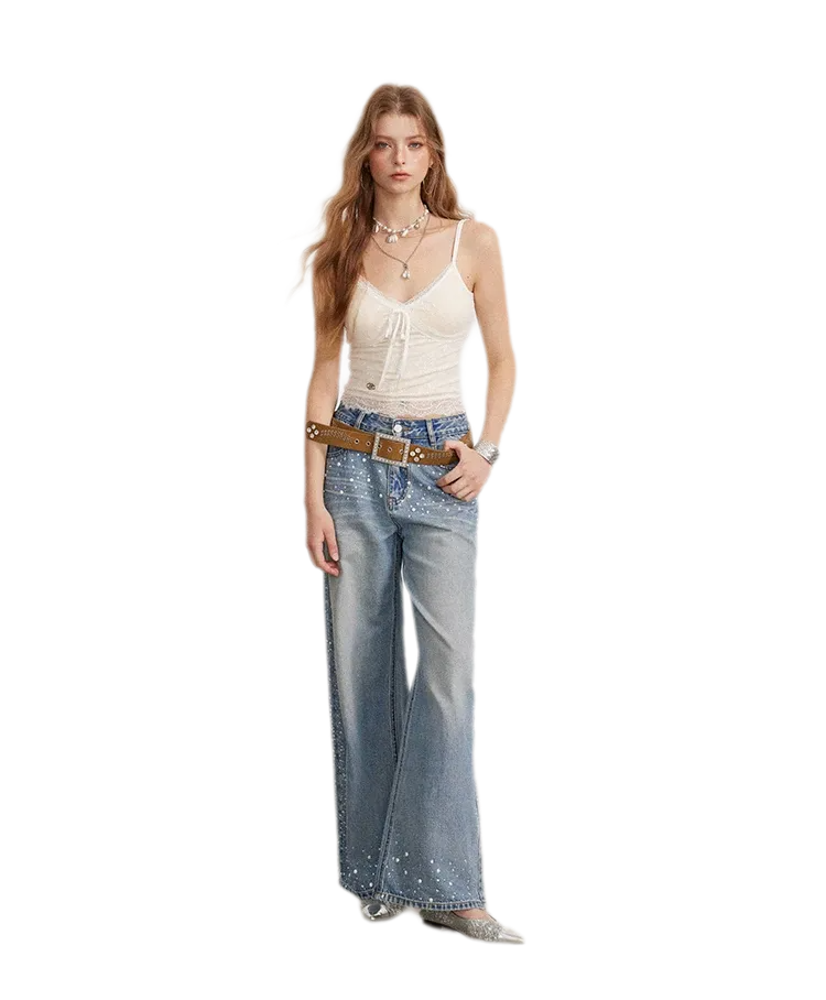 Rhinestone Pearl Wide-Leg Jeans