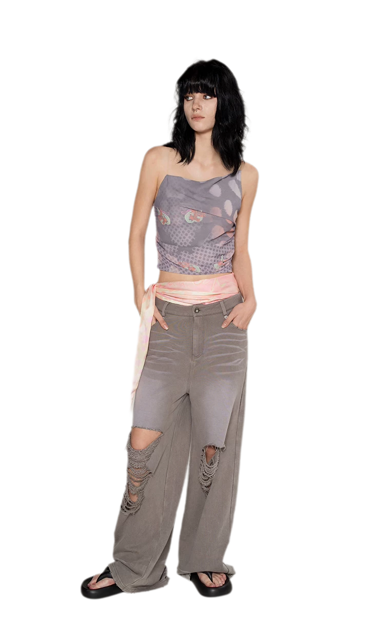 Washed Distressed Straight Pants