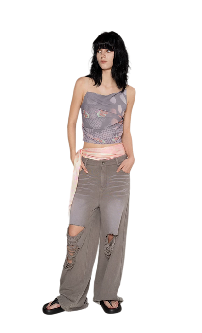 Washed Distressed Straight Pants