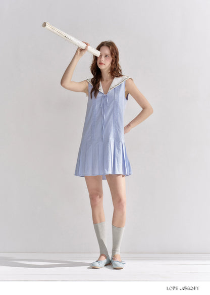Embroidered Blue Striped Sailor Collar Pleated Dress