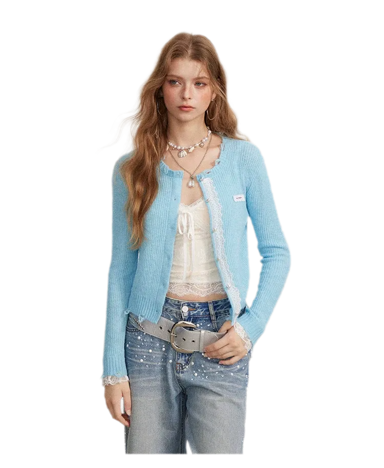 Lace Distressed Cropped Knit Sweater