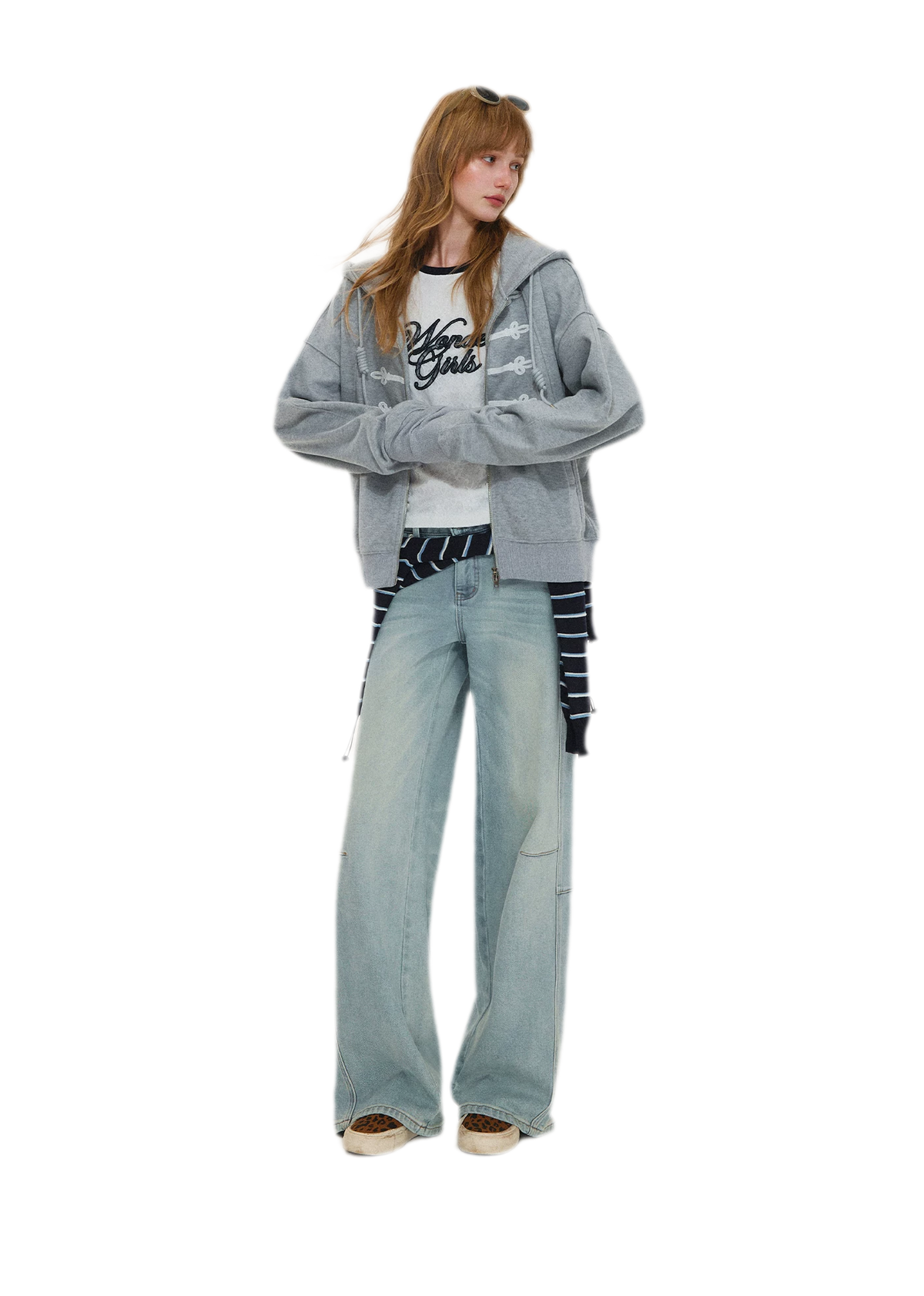 Washed Curved Wide-Leg Jeans