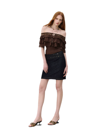 Layered Chiffon Lace Off-Shoulder T-Shirt