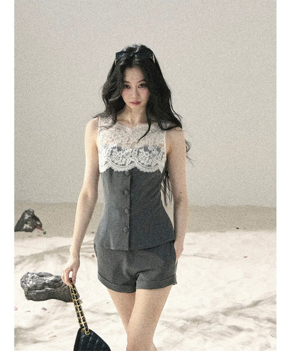 Lace Trim Top Shorts Set
