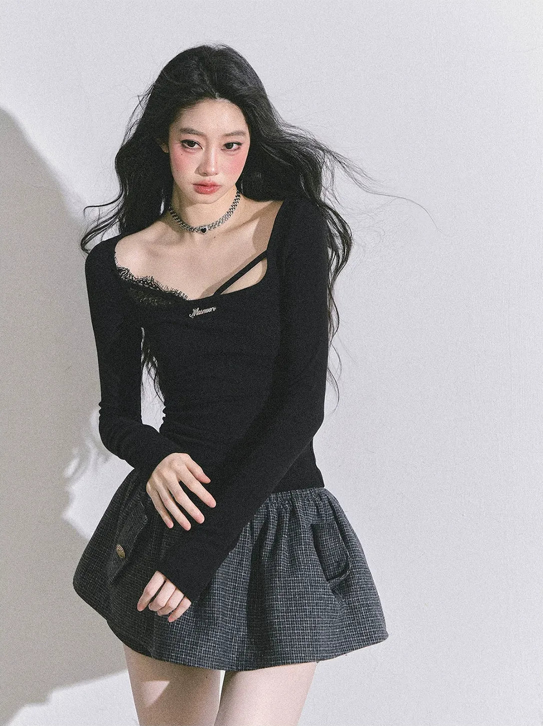 Lace Panel Fitted Long-Sleeve Top