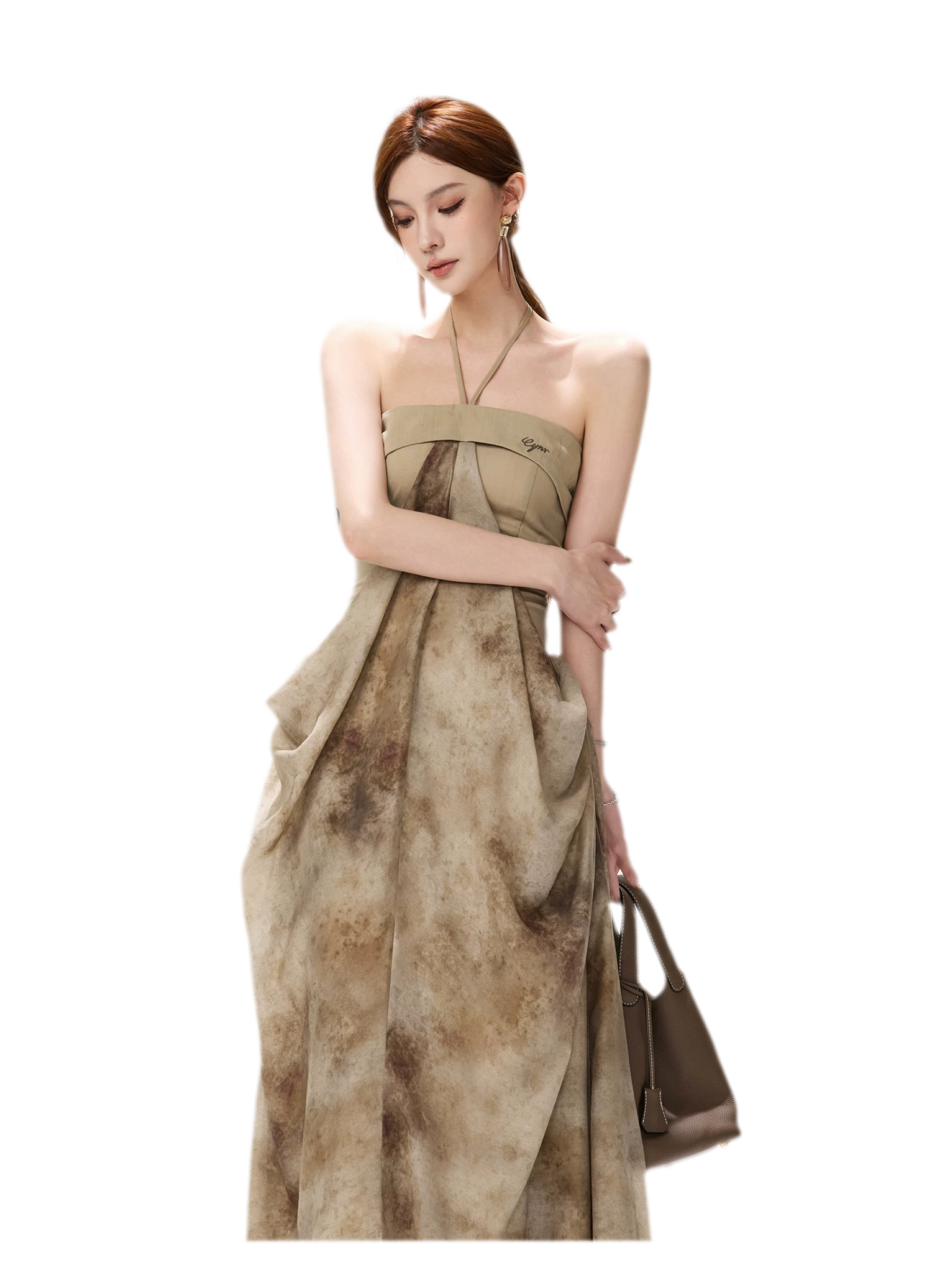 Ink-Wash Pleated Halter Dress