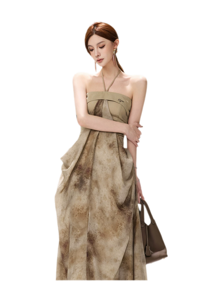 Ink-Wash Pleated Halter Dress