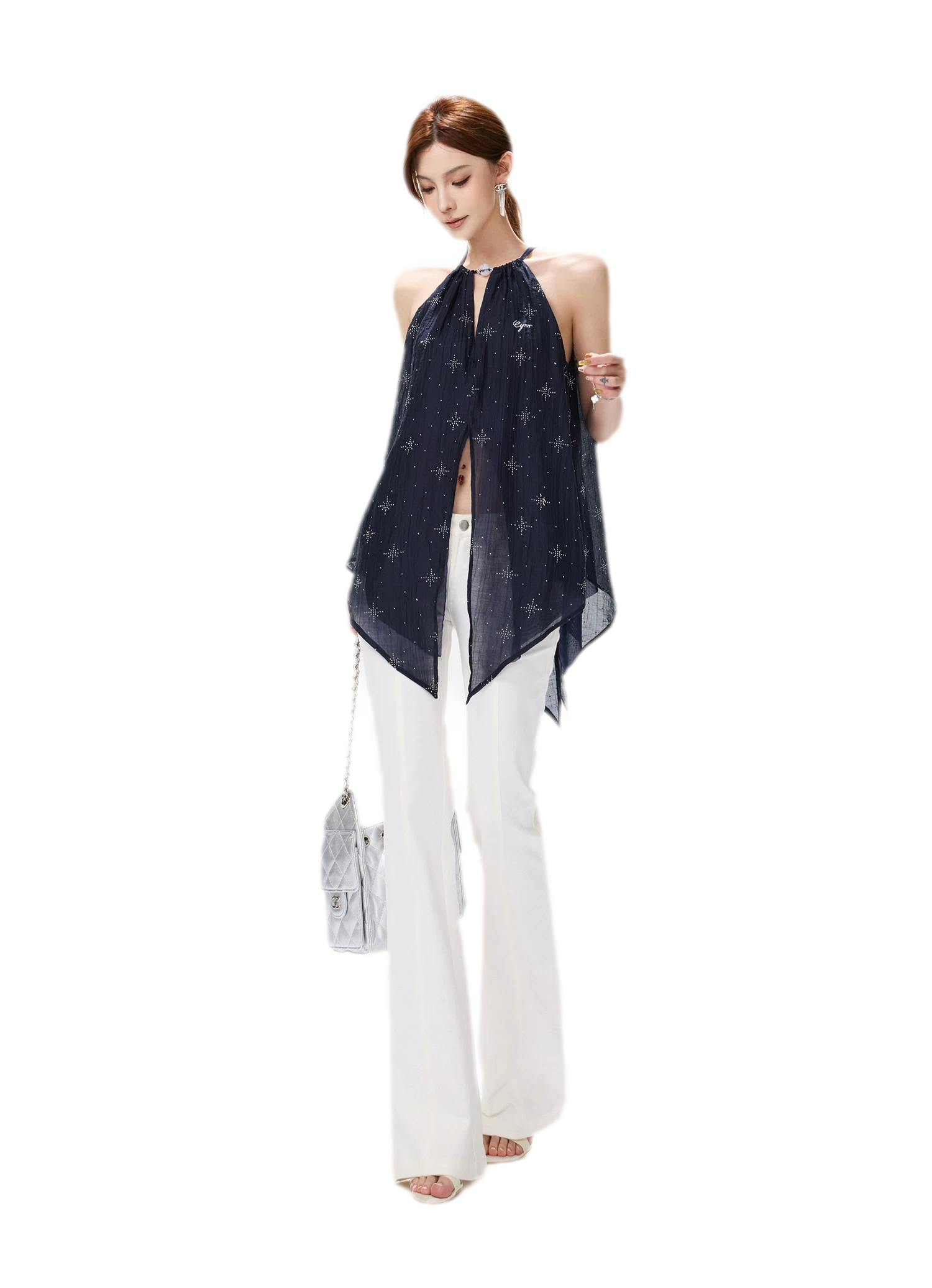 Rhinestone Asymmetric Halter Chiffon Top
