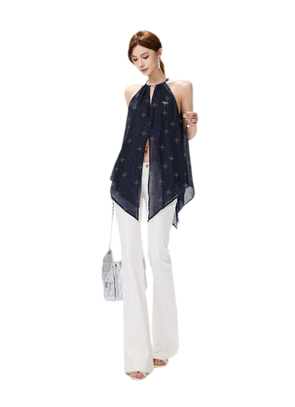 Rhinestone Asymmetric Halter Chiffon Top