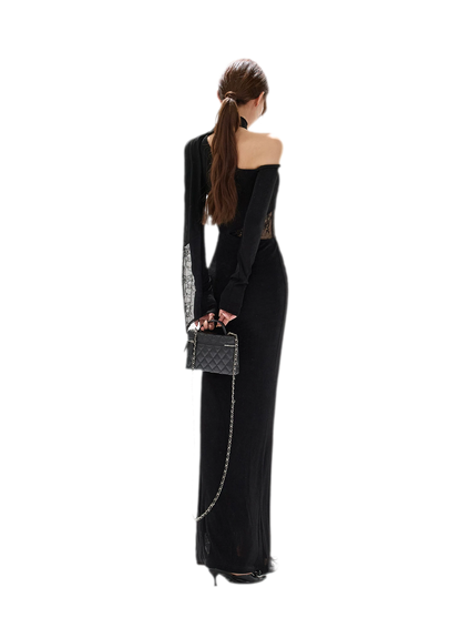 Schimmerndes asymmetrisches Spitzen-Strickkleid