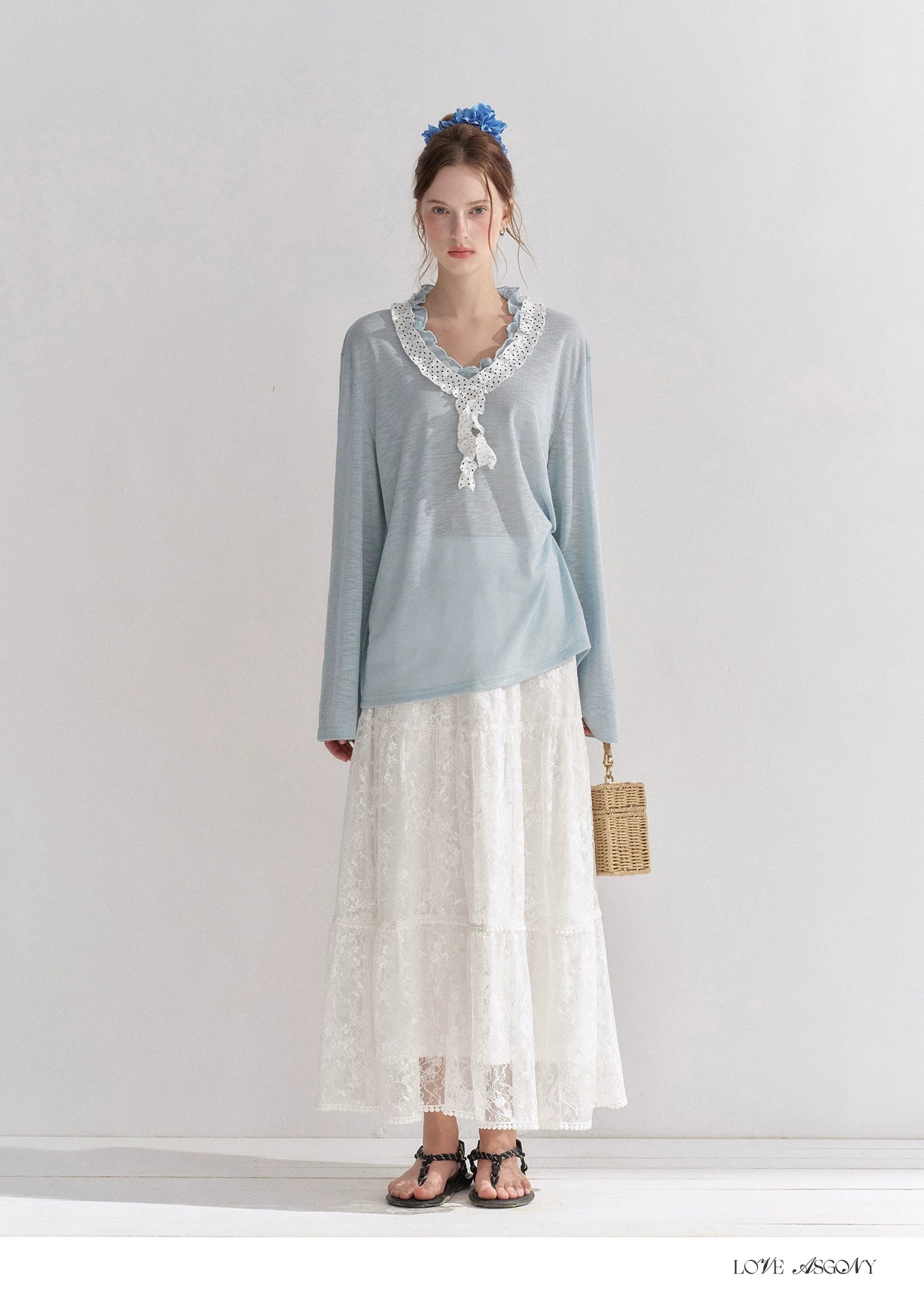 Lace Trim Elastic Waist A-line Long Skirt