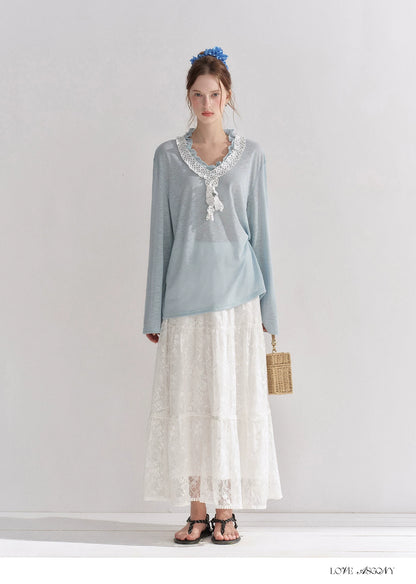 Lace Trim Elastic Waist A-line Long Skirt
