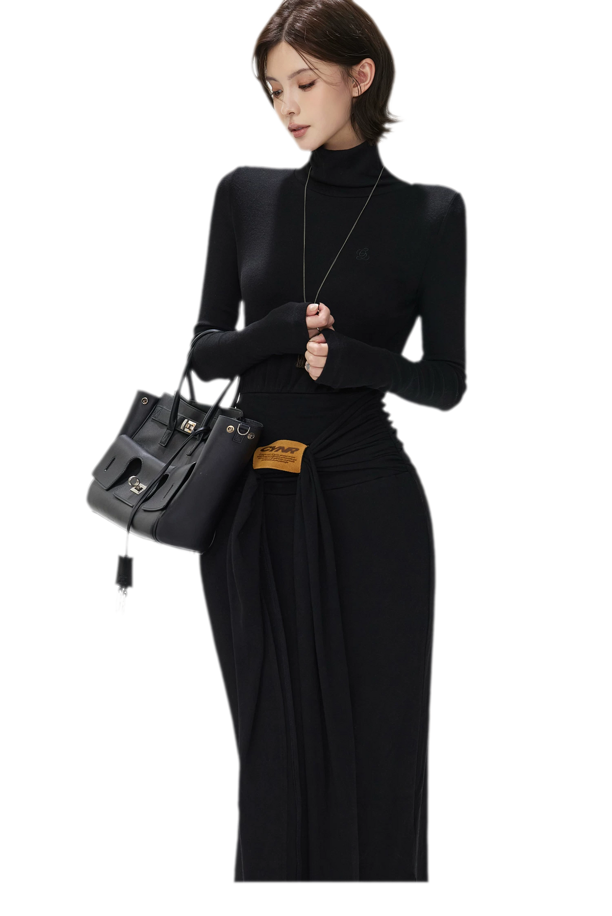 Turtleneck Ruched Waist Knit Dress
