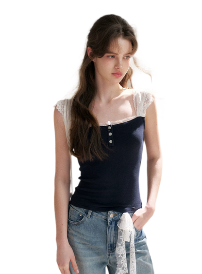 Lace Edge Wide Strap Knit T-Shirt