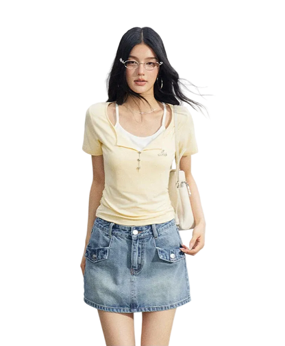 Two-Tone Layered Look Slim Fit T-Shirt
