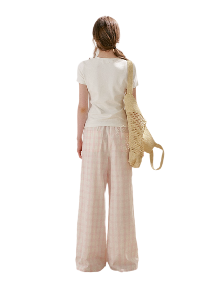 Linen Checkered High-Waist Wide-Leg Pants