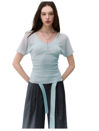 Layered Ribbed V-Neck Tee