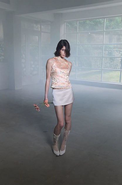 Glossy Floral Mandarin-Collar Qipao