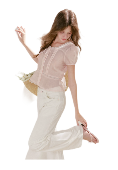 Pleated Lace Trim Shirt
