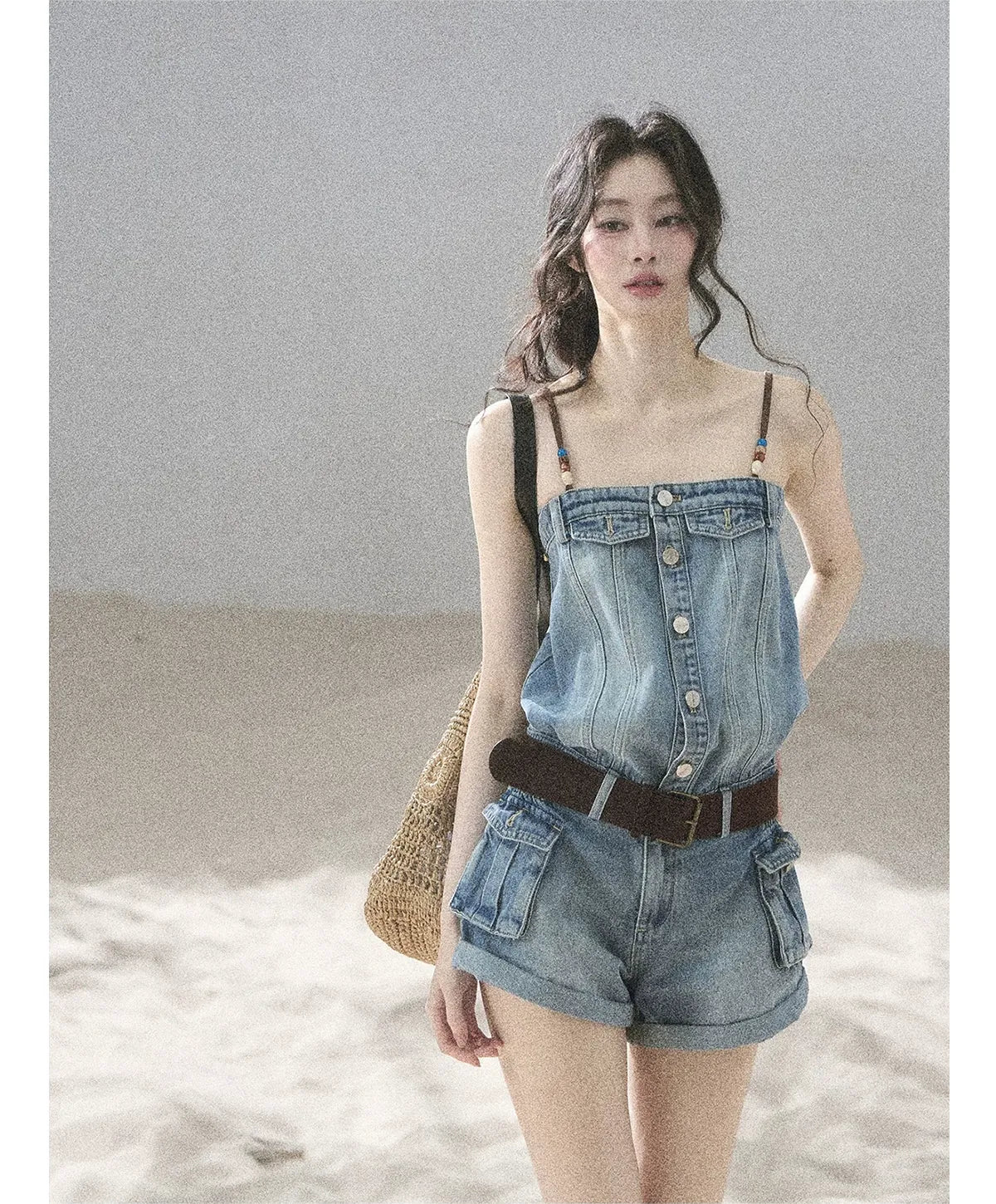 Washed Denim Jumpsuit Shorts
