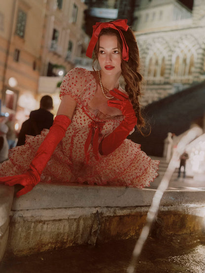 Flocked Bow Ruffle Dress