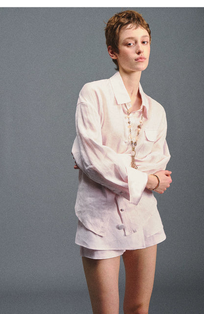 Linen Satin Waist-Cinched Shirt &amp; Skirt Set
