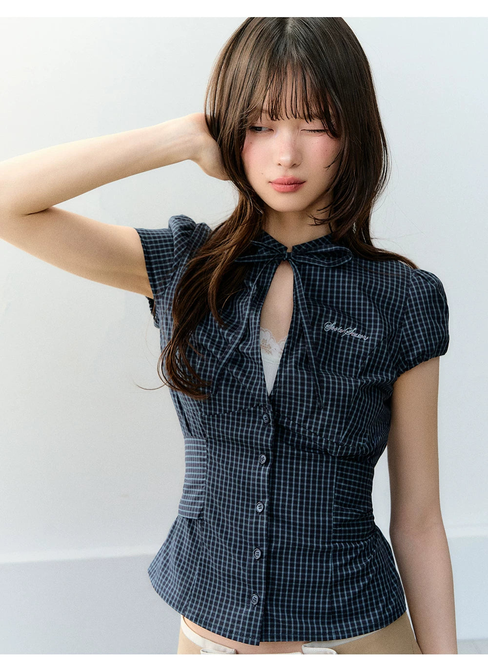 Retro Plaid Tie-Waist Hollow Waist Shirt