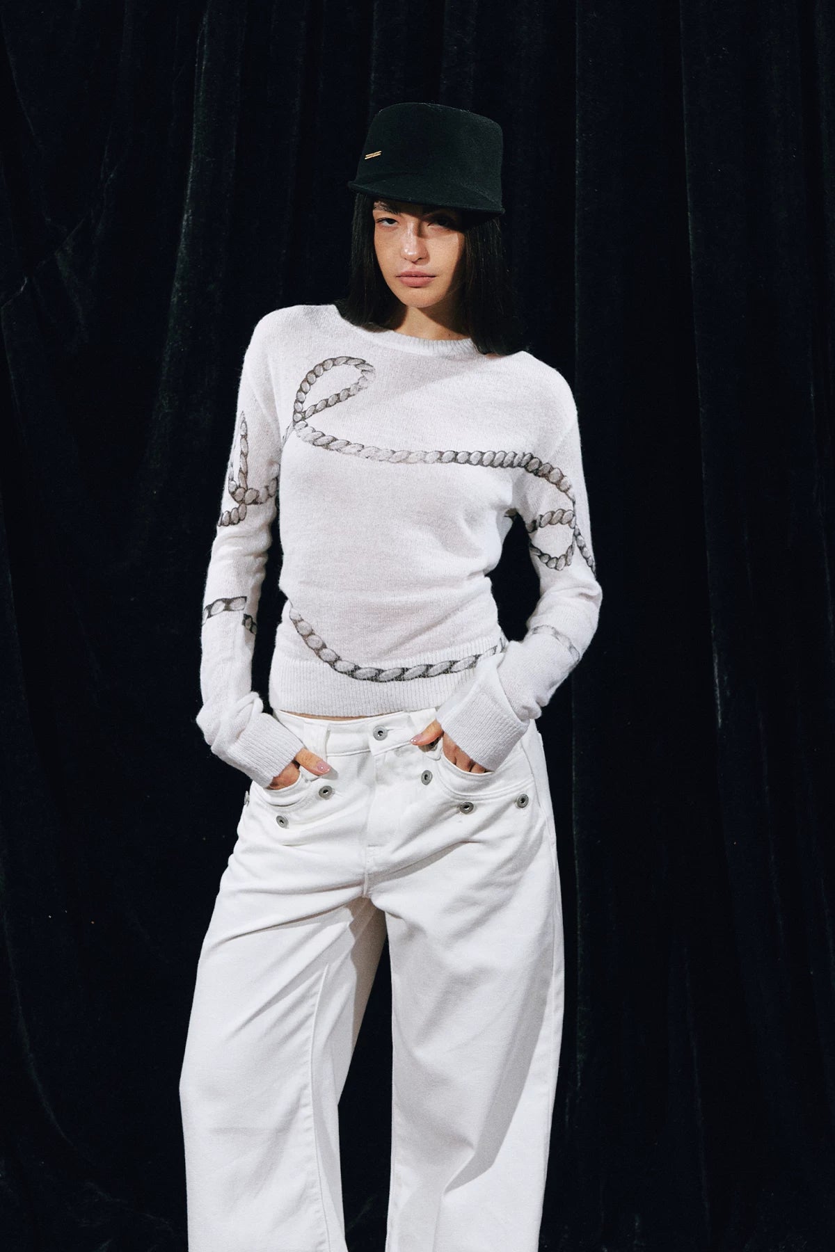 Mohair Wool Sweater with Irregular Chain Print