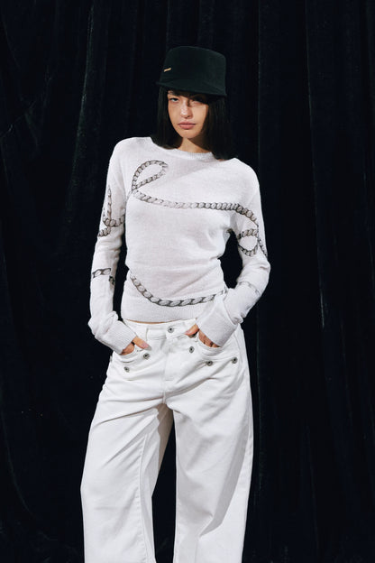 Mohair Wool Sweater with Irregular Chain Print