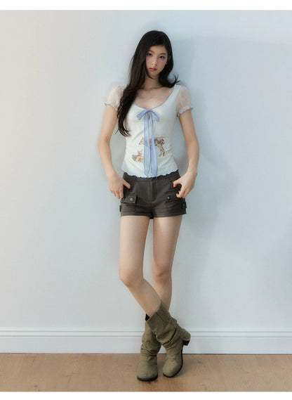 Vintage Brown Multi-Pocket Slim Shorts