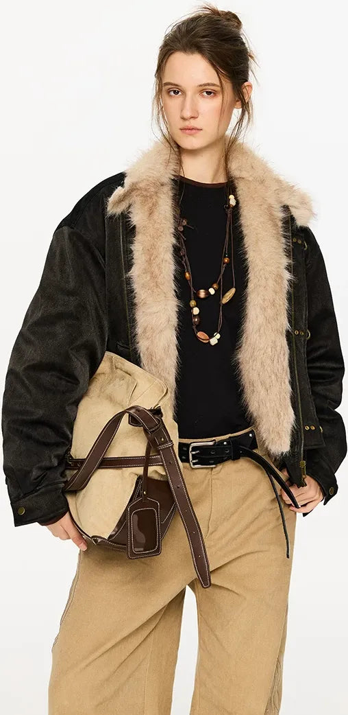 Pearlescent PU Fur-Lined Harrington Jacket