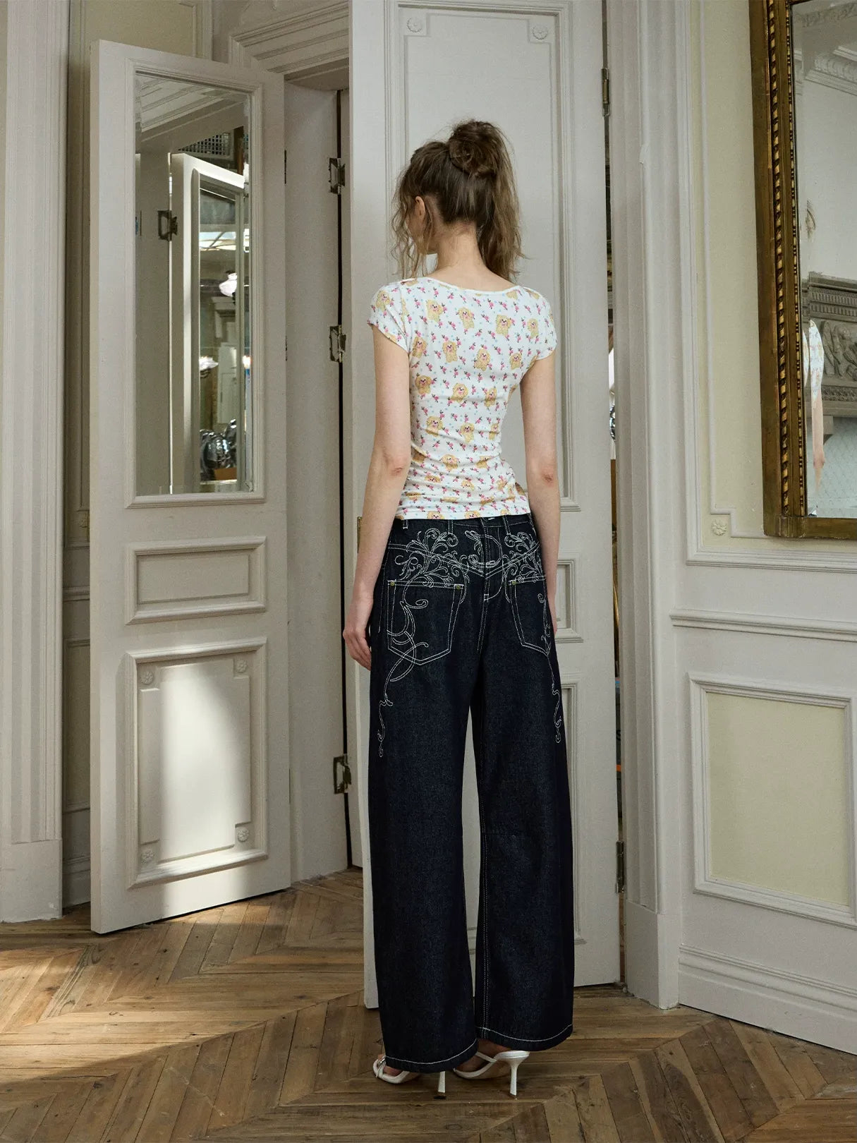 Embroidered Wide-Leg Jeans